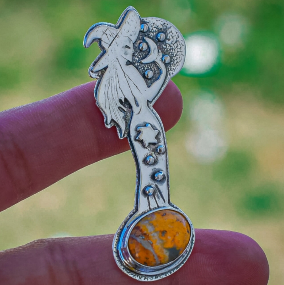 OOAK 925 Silver Halloween Witch Bumblebee Jasper Pendant (no chain Wiccan Witch